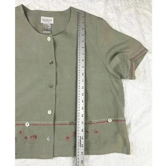 VTG Koret Petites Women's Gray Green Top Sz 14 Embroidered Buttons - Picture 9 of 11